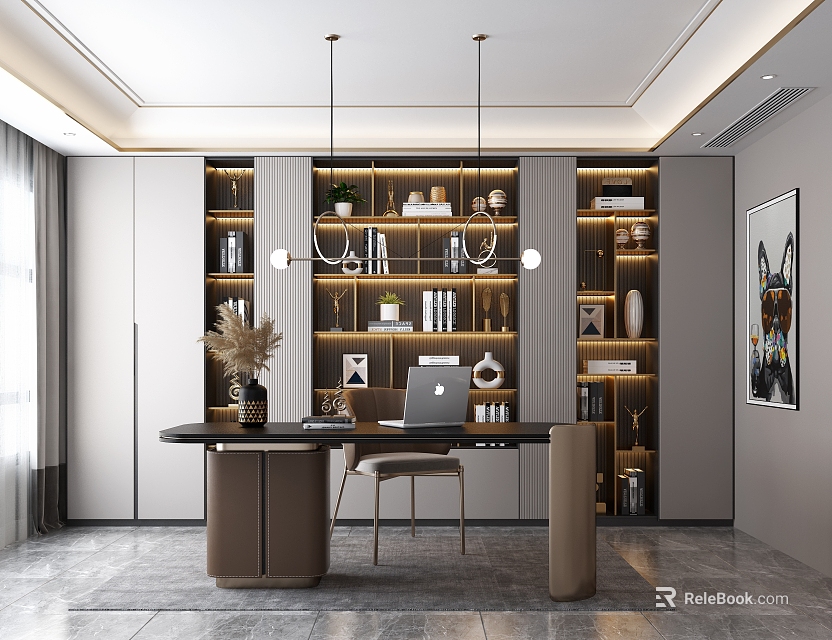 Modern Study Room Interior With Bookshelves Desk And Pendant Lights 3d model 
