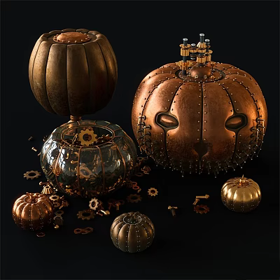 Pumpkin Shaped Copper Gold Metallic Ornament Set With Gears Keys And Various Sizes 3d model