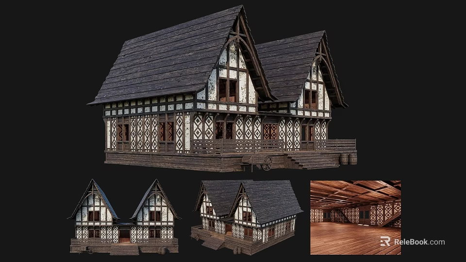Ancient Traditional Wooden Building With Pointed Roof And Carved Decorations Interior Exterior Views 3d model 