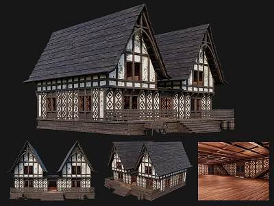 Ancient Traditional Wooden Building With Pointed Roof And Carved Decorations Interior Exterior Views 3d model