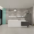 Modern Exhibition Hall Open Space Interior With White Reception Desk Green Plants And Teal Partition