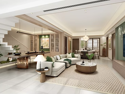 Modern Open Living Dining Room Interior With Sofa Coffee Table Rug And Chandelier 3d model