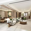 Modern Open Living Dining Room Interior With Sofa Coffee Table Rug And Chandelier