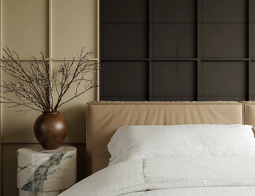 Vase with Branches on Marble Countertop by Dark Grid Wall and Beige Headboard 3d model 