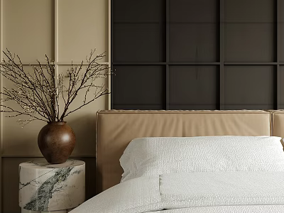 Vase with Branches on Marble Countertop by Dark Grid Wall and Beige Headboard 3d model