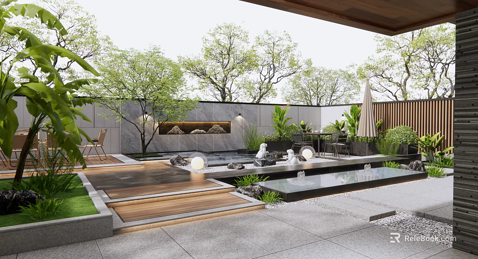 Serene Courtyard Garden Design With Stone Terrace Water Feature Outdoor Seating And Lush Plants 3d model 