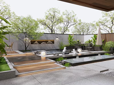 Serene Courtyard Garden Design With Stone Terrace Water Feature Outdoor Seating And Lush Plants 3d model