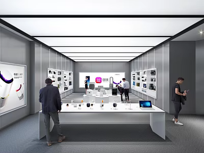 Modern Electronics Store With Wall Display Shelves Center Tables And Customers Browsing 3d model