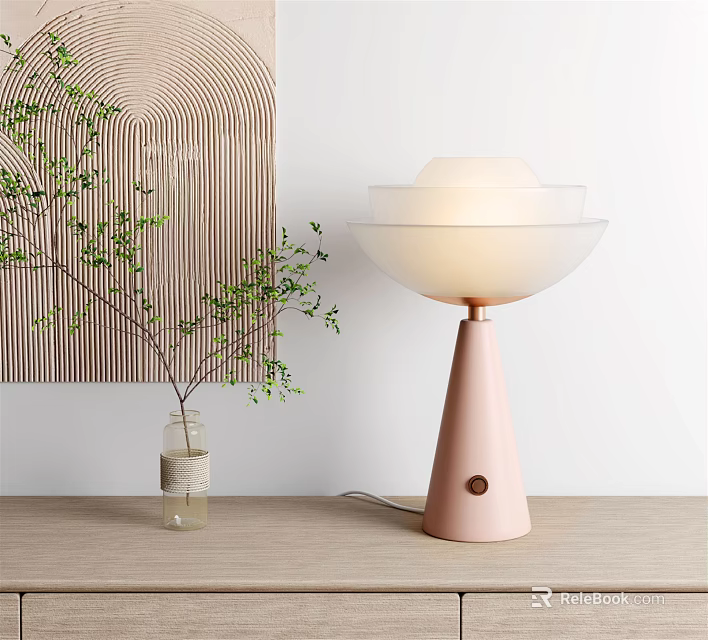 Minimalist Pink Table Lamp with White Frosted Glass Shade on Wooden Table and Green Plant 3d model 