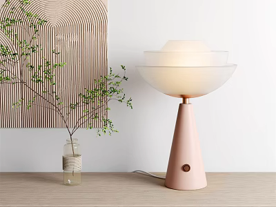 Minimalist Pink Table Lamp with White Frosted Glass Shade on Wooden Table and Green Plant 3d model