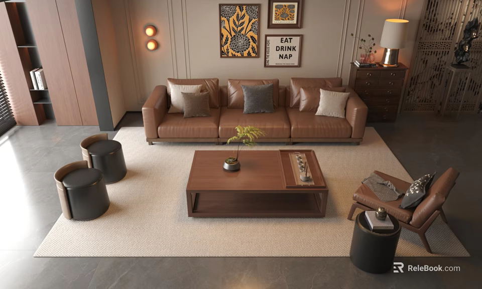 Brown Leather Sofa And Wooden Coffee Table Set With Throw Pillows And Decorative Paintings 3d model 