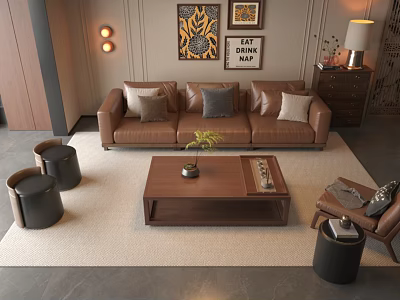 Brown Leather Sofa And Wooden Coffee Table Set With Throw Pillows And Decorative Paintings 3d model
