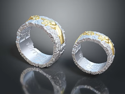 Two Silver Gold Decorative Rings With Textured Surface And Intricate Designs 3d model