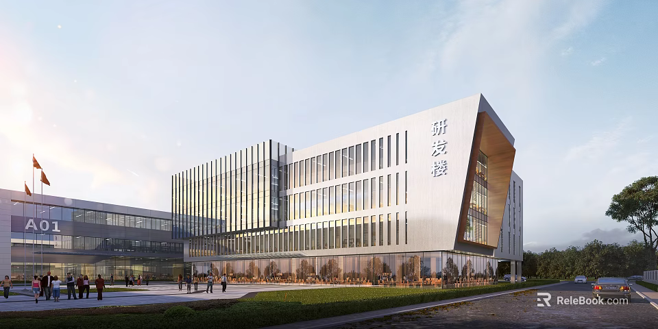Modern Industrial R&D Building Exterior With Glass Curtain Wall And Lawn Area 3d model 