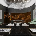 Store Front Desk With Blue Gold Textured Ceiling Red Phoenix Sculpture And Blue Wave Wall