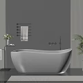 White Freestanding Bathtub With Water Green Plants Towel Rack And Gray Tile Floor