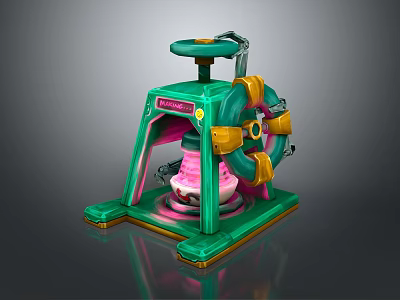 Vibrant Green Mechanical Machine With Yellow Accents And Pink Core On Reflective Base 3d model