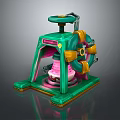 Vibrant Green Mechanical Machine With Yellow Accents And Pink Core On Reflective Base