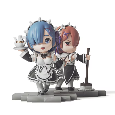 Detailed Chibi Maid Outfit Sculptures Featuring Two Figures Holding Tray With Teacup And Mop 3d model
