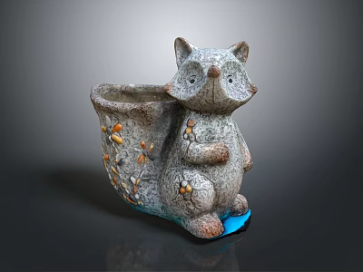 Raccoon Shaped Ceramic Flower Pot With Decorative Ornaments And Blue Base Design 3d model