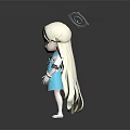 3D Game Anime Character With Blonde Long Hair Blue Eyes And Blue Dress Holding Mobile Phone