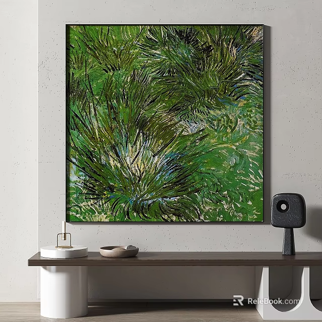 Green Textured Abstract Painting With Expressive Brushstrokes For Modern Interior Wall Art 3d model 