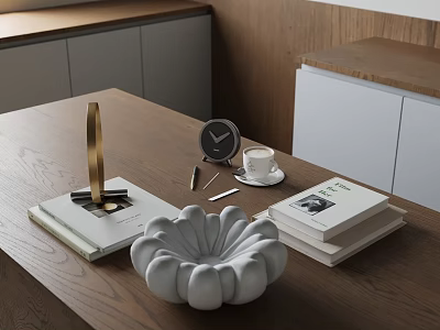 Wooden Tabletop With White Flower Shaped Bowl Books Clock Coffee Cup And Golden Decor 3d model