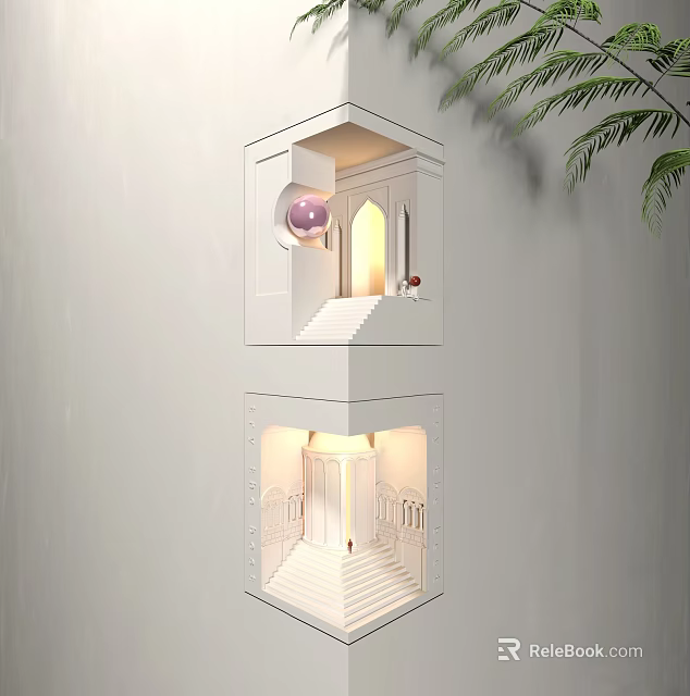 Modern White Wall Lamp With Layered Geometric Structure Illuminated Light And Green Plant Accent 3d model 