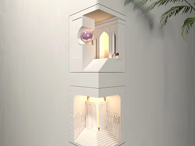 Modern White Wall Lamp With Layered Geometric Structure Illuminated Light And Green Plant Accent 3d model