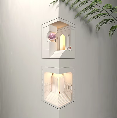 Modern White Wall Lamp With Layered Geometric Structure Illuminated Light And Green Plant Accent 3d model
