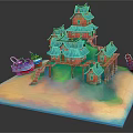 Cartoon Scene With Red Multi tiered Pagoda Buildings Turquoise Roofs Boats And Sandy Beach