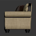 Beige Three Seater Sofa With Dark Wooden Frame And Patterned Striped Cushions