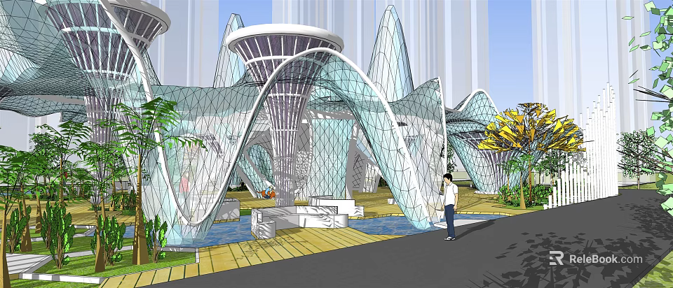 Modern Square Landscape With Curved Glass Architectural Structures Water Feature And Lush Greenery 3d model 