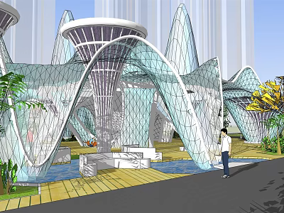 Modern Square Landscape With Curved Glass Architectural Structures Water Feature And Lush Greenery 3d model