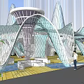 Modern Square Landscape With Curved Glass Architectural Structures Water Feature And Lush Greenery
