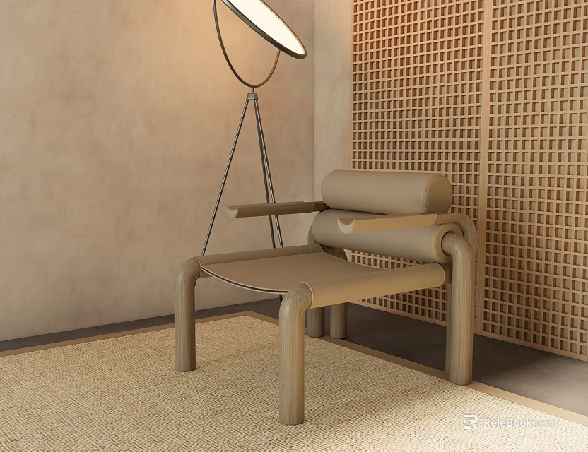 Modern Beige Leather Leisure Chair With Floor Lamp Rattan Rug And Perforated Wall 3d model 