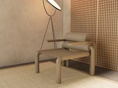 Modern Beige Leather Leisure Chair With Floor Lamp Rattan Rug And Perforated Wall 3d model