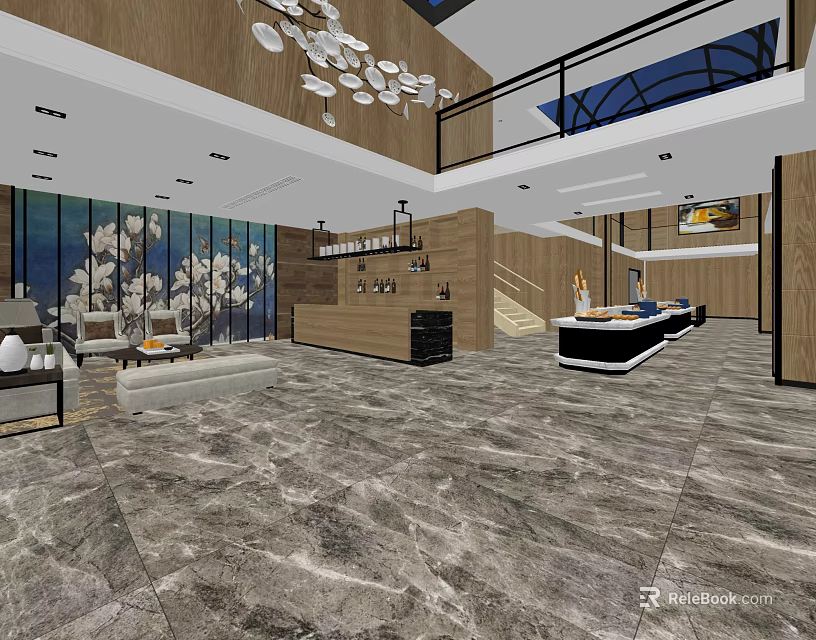 Modern Hotel Lobby Interior With Marble Flooring Chandelier And Reception Desk 3d model 