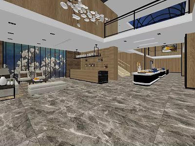 Modern Hotel Lobby Interior With Marble Flooring Chandelier And Reception Desk 3d model