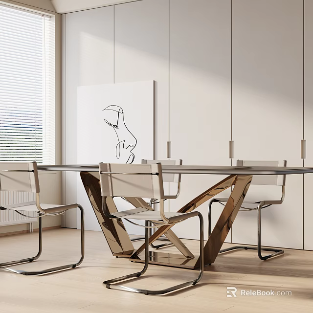 Modern Dining Table Set With Sleek Metal Legs And Matching Chairs In Interior 3d model 