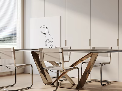 Modern Dining Table Set With Sleek Metal Legs And Matching Chairs In Interior 3d model