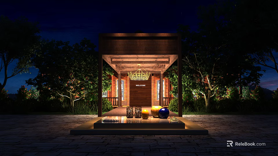 Garden Decor Scene at Night Featuring Wooden Pavilion Greenery Stone Pavement Ornamental Balls and Lighting 3d model 
