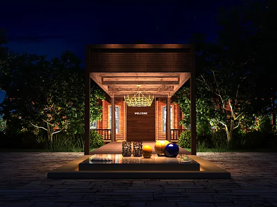 Garden Decor Scene at Night Featuring Wooden Pavilion Greenery Stone Pavement Ornamental Balls and Lighting 3d model