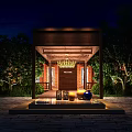 Garden Decor Scene at Night Featuring Wooden Pavilion Greenery Stone Pavement Ornamental Balls and Lighting