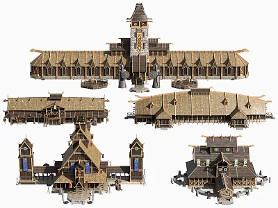 Traditional Wooden House Designs With Multiple Angles Tower Structure And Multi Level Architecture 3d model
