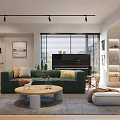Living and Dining Room Interior With Green Sofa Round Coffee Table Piano And Blinds