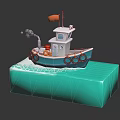 Cute Cartoon Boat Scene With Blue White Hull Red Flag And Green Wave Base