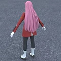 Woman with long pink hair wearing red coat black pants white boots on gray ground
