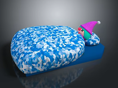 Blue Cushion Featuring White Geometric Pattern And Small Doll With Pink Hat 3d model