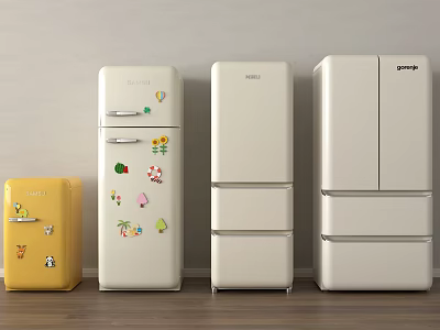 Retro and Modern Refrigerators in Yellow and White with Decorative Stickers for Kitchen Use 3d model
